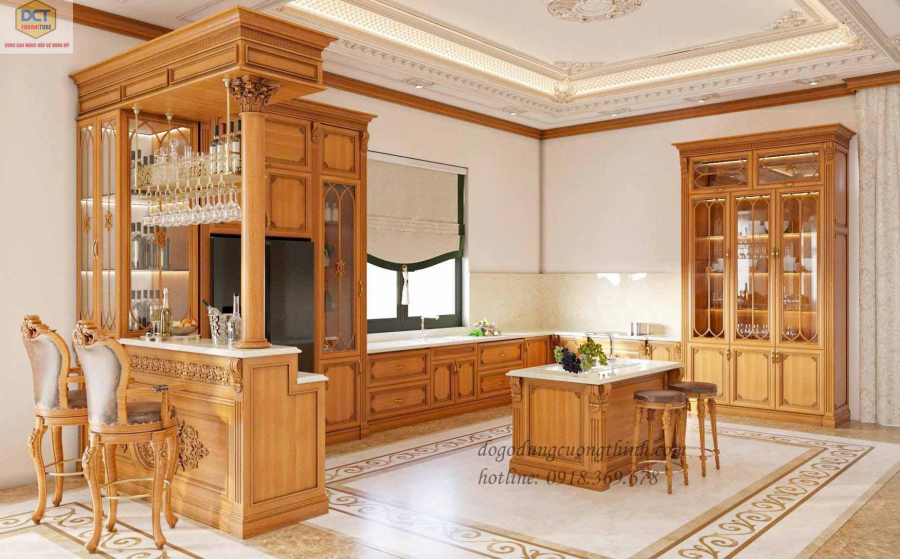 Mẫu tủ bếp tân cổ điển TB55 có đảo quầy bar tủ rượu